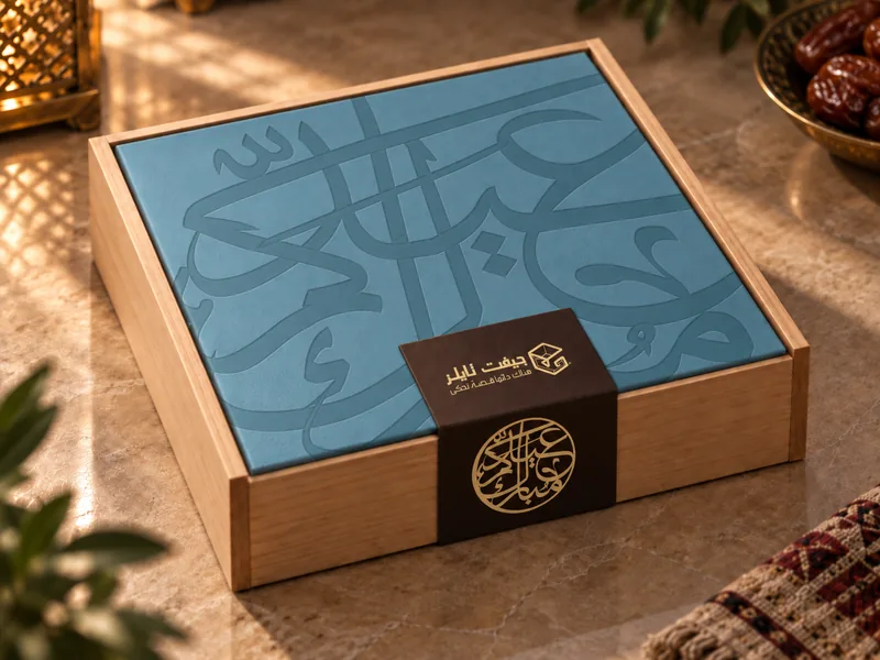Wooden gift box with an Eid calligraphy lid and a branded band