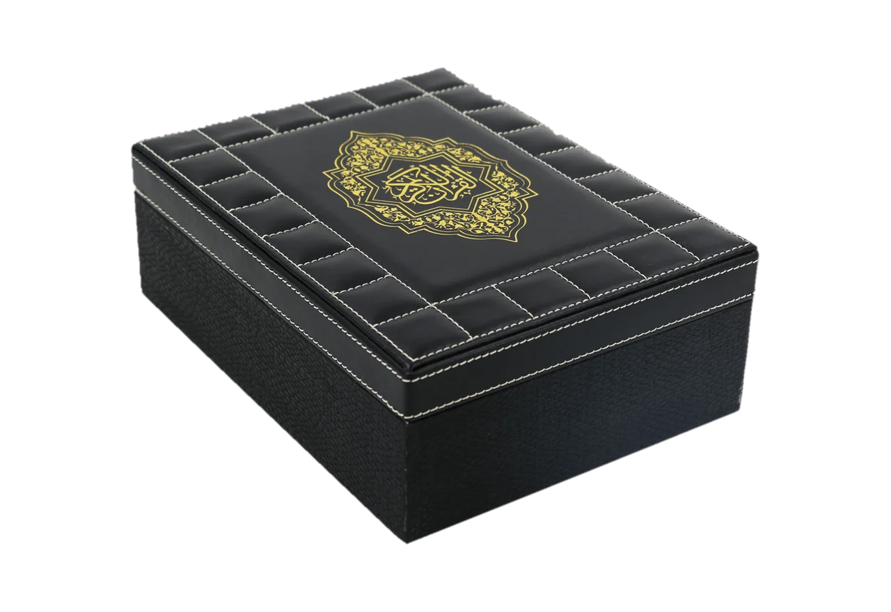 Gold-print Qur'an box, quilted black and gold, item 03390