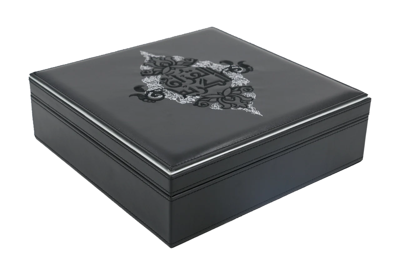 Embroidered Qur'an box, black and silver, item 81350