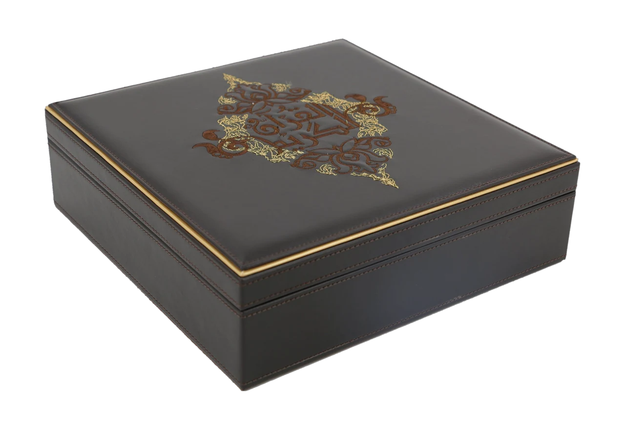 Embroidered Qur'an box, brown and gold, item 81351
