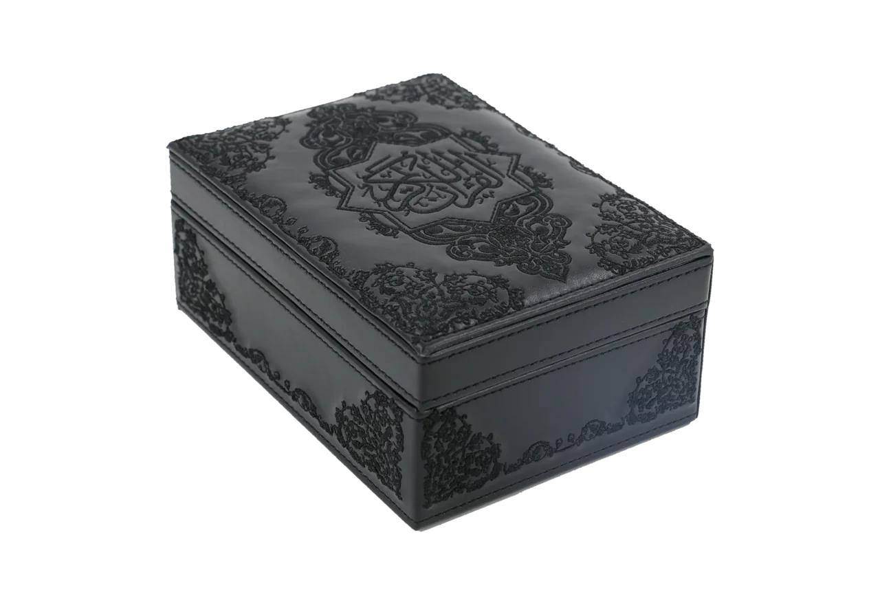 Embroidered Qur'an box, black on black, item 81352
