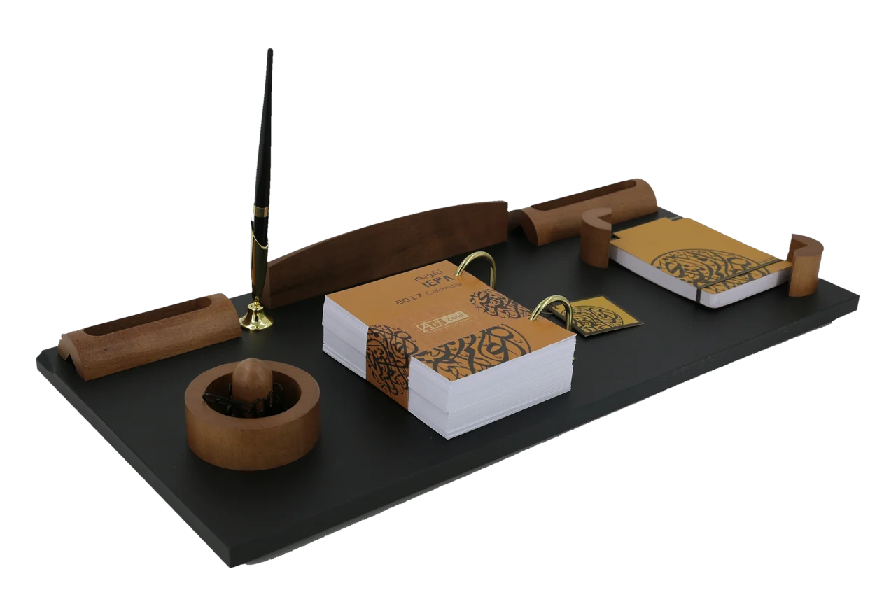Curved walnut calendar set on black, royal desk calendar, item 17EC02