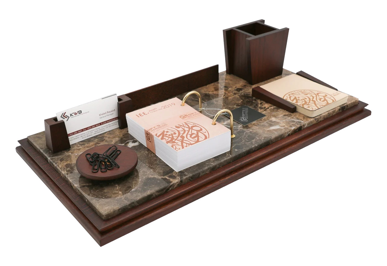 Brown marble and walnut calendar set, royal desk calendar, item 23ME02