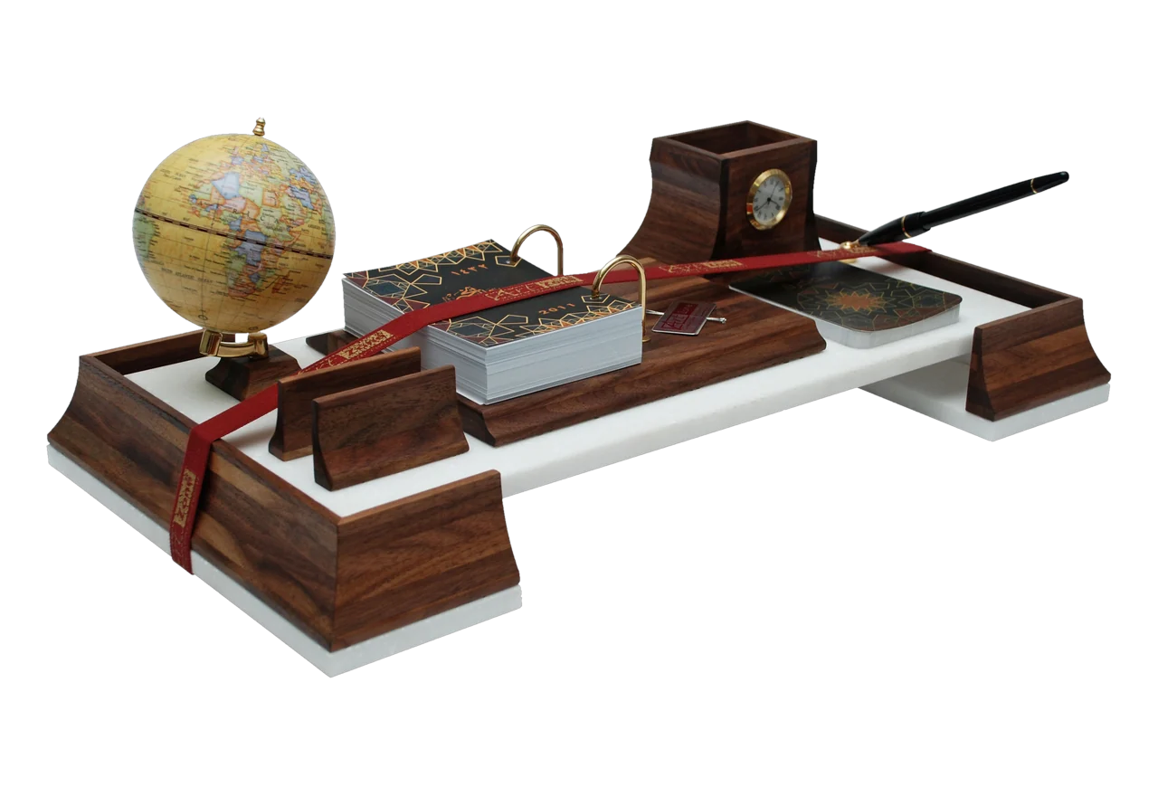 White stone and walnut calendar set, royal desk calendar, item 7434WBN