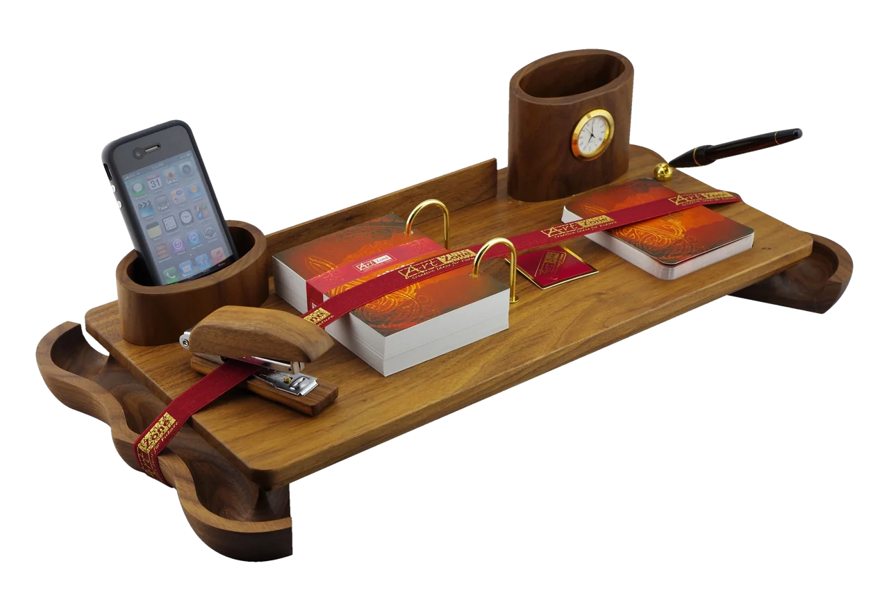 Scalloped walnut calendar set with phone holder, royal desk calendar, item 7821WBN