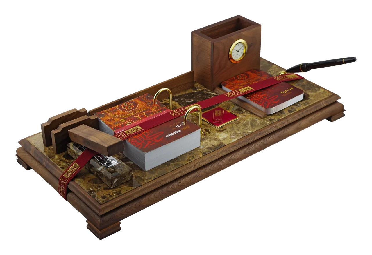 Brown marble and walnut calendar set, wooden legs, royal desk calendar, item 7823WBN