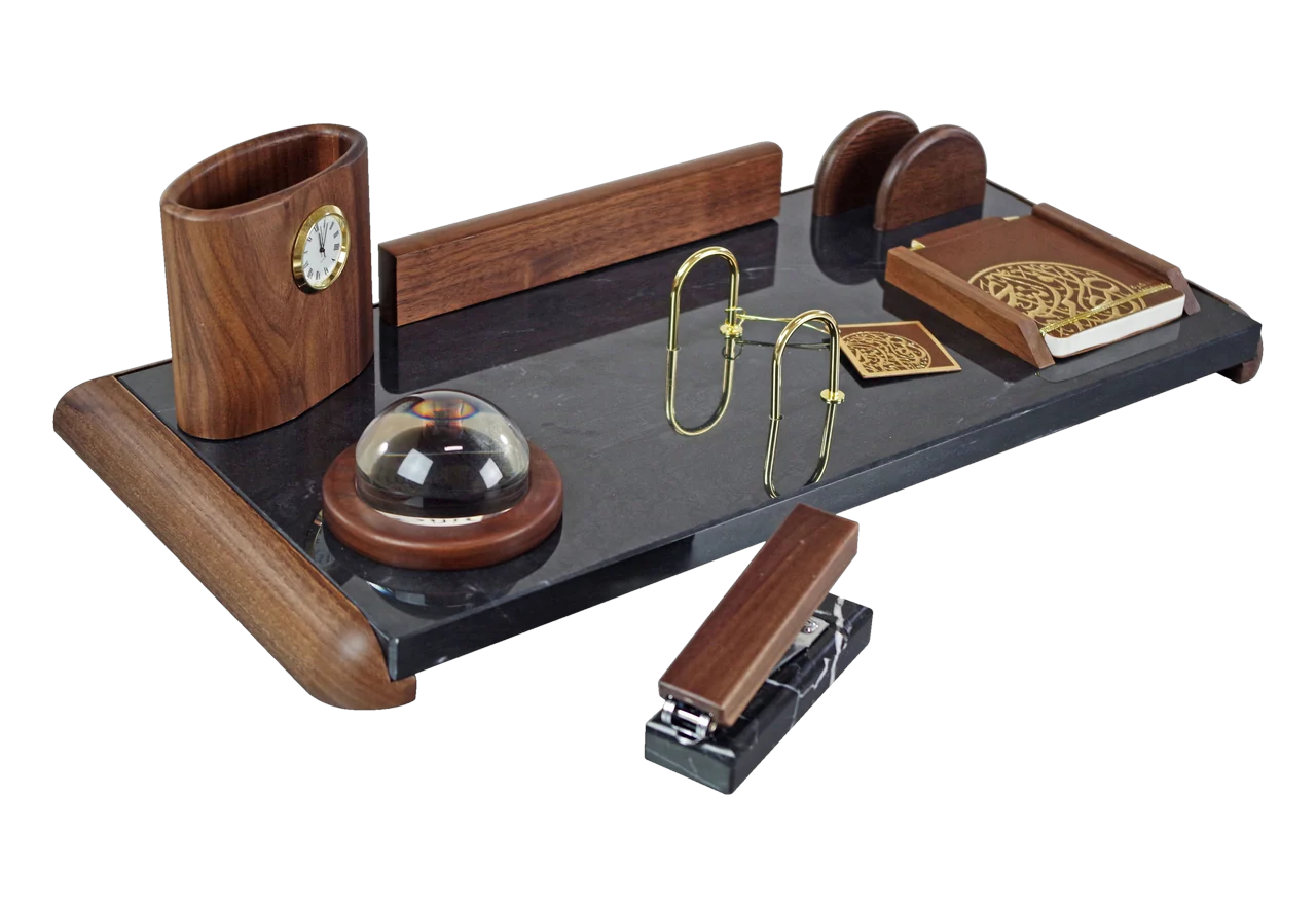 Black marble calendar set with walnut ends, royal desk calendar, item 7943WBN