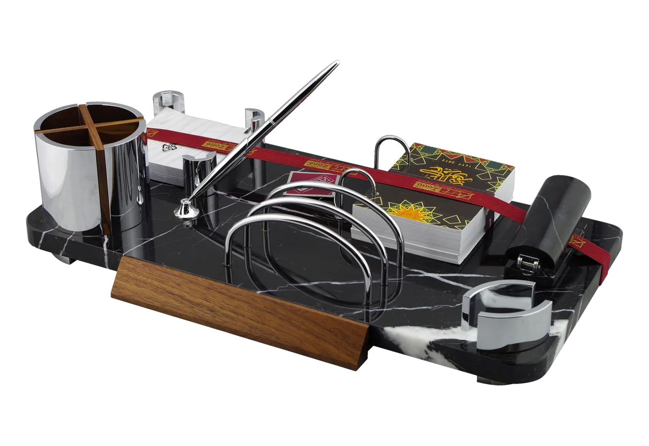 Royal desk calendar set in black marble with chrome and walnut accessories